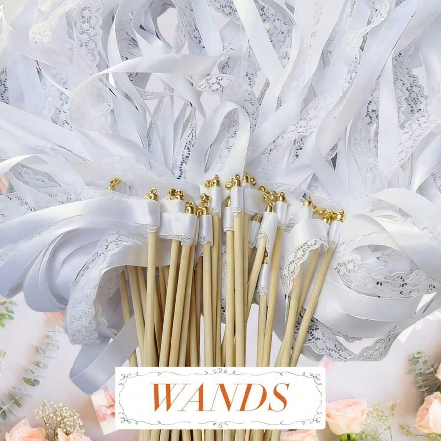 Wedding Ribbon Wands With Bells White Lace Fairy Sticks Wedding Streamers Wish Wands For Party Wedding Decorations - White - View 1