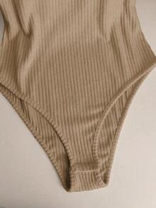 Body entero elegante casual nueva  2026 cuello redondo manga corta punto canalé ceñido básico mujer uso diario primavera otoño - Caqui - Ver 5