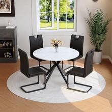 Dining Room Set With Round Marble Dining Table & Dining Chairs, Modern Kitchen Set Made Of Faux Leather & Cantilever Metal Frame For Dining Room & Kitchen - Black - View 5