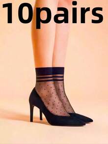 10pairs Durable & Elegant Polka Dot Detail Elastic Nylon & Crystal Socks - Black - View 5