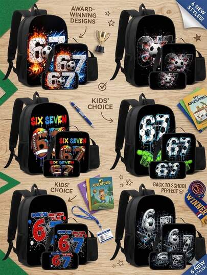 3-In-1 Number 67 Theme Cool Sports Middle School Backpack Set With Insulated Lunch Bag And Pencil Case - 17 Inch Bookbag Daypack Rucksack For Boys Teens - Back To School Essentials
