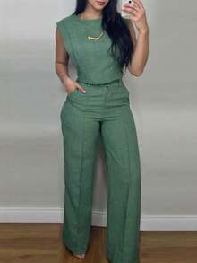 Conjunto de 2 piezas de camiseta y pantalones casuales de unicolor para mujer, primavera/verano - Verde - Ver 5