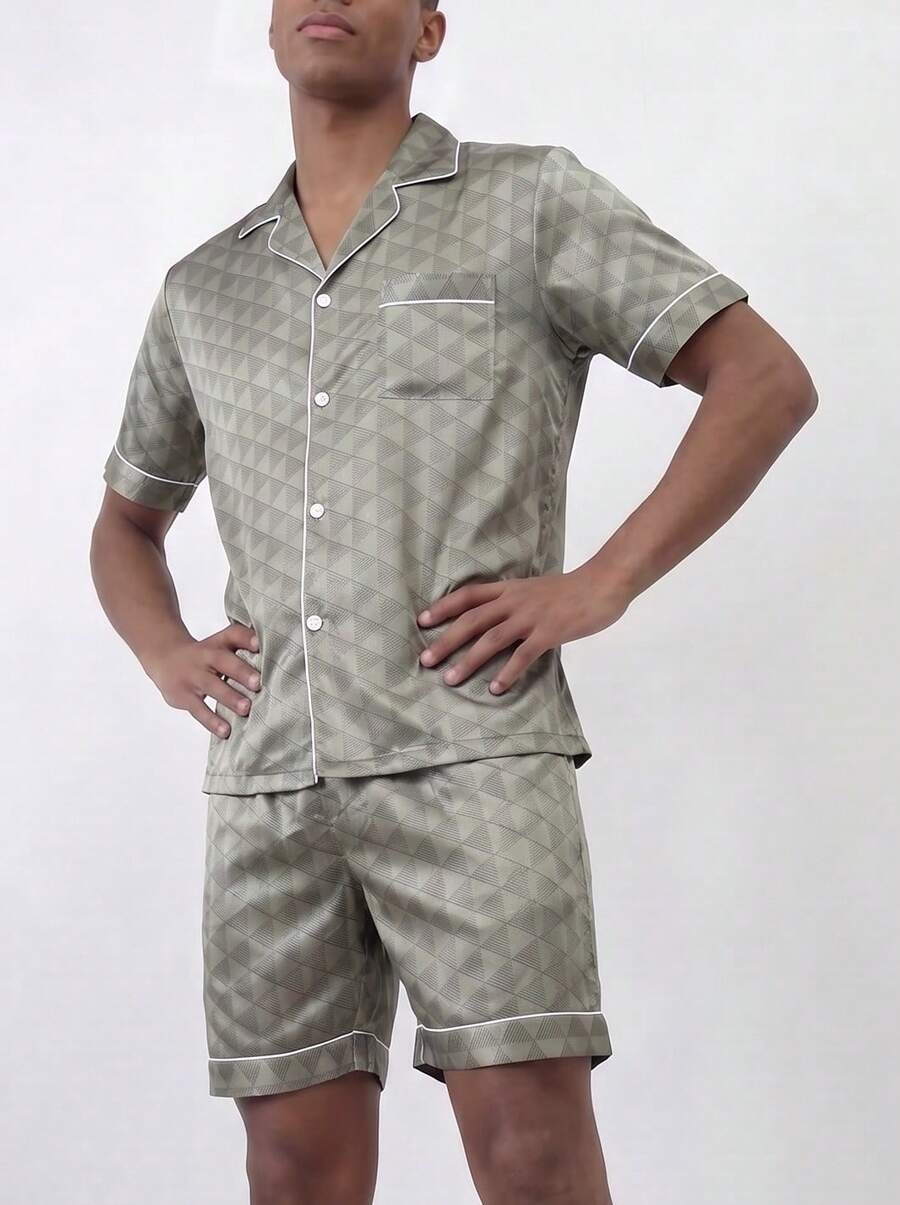 Snug League 2pcs Men's Satin Silk Geometric Print Short Sleeve Top And Shorts Pajama Set - Grey - View 1