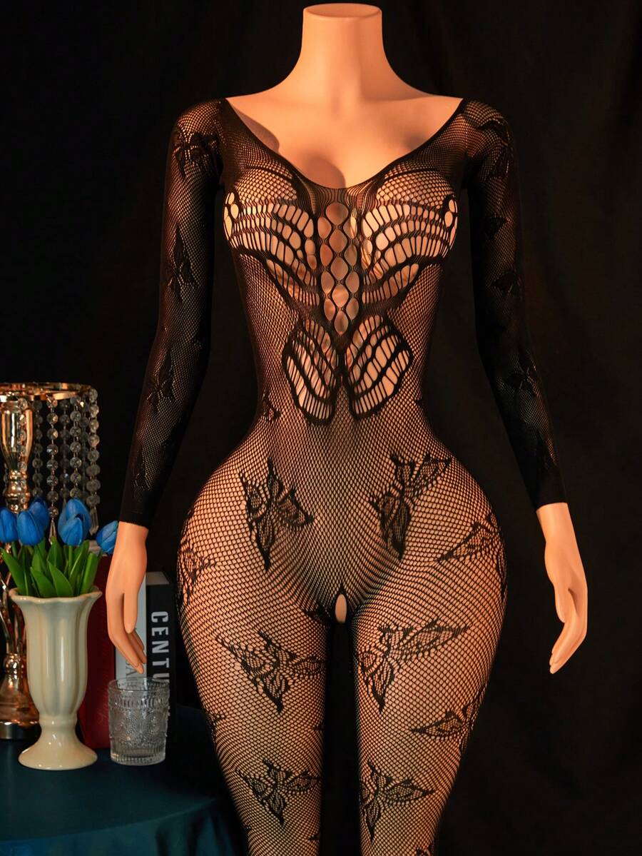 1pc Women Sexy Lingerie Fishnet Bodysuit, Mesh Lace Jacquard Body Stockings, Club Exotic Dancer Outfit - Black - View 1