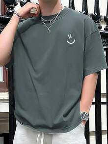 Expression Print Drop Shoulder T-Shirt - 綠色的 - 查看 8