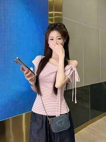 2026早春新款系带露肩条纹短袖T恤，修身时尚露脐女式上衣 - 粉紅白條紋 - 查看 4