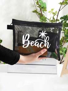 Túi tote lưới thoáng khí dung tích lớn, túi đeo vai trong suốt in hình cây cọ - có thể gấp gọn, túi tote đeo vai dành cho nữ, thích hợp cho đi biển, dã ngoại, đi học, đi làm và du lịch, chất liệu polyester màu đen, họa tiết cây cọ màu trắng. - Nhiều màu - Xem 5