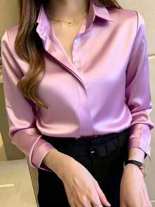 Áo sơ mi nữ dài tay màu đen thanh lịch, chất liệu polyester hơi xuyên thấu, có cúc cài, hoàn hảo cho mùa xuân/hè/thu. - Màu Hồng  Dưa hấu - Xem 5