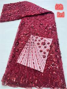 Tela de encaje floral 3D blanca y azul africana hecha a mano de alta calidad 2026, con bordado de lentejuelas, adecuada para fiestas y bodas, 5 yardas/1 pieza, rojo - A - Ver 17