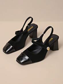 Women's Color Block Mary Jane Slingback Heels, Square Toe Patent & Suede Chunky Block Heel Pumps, Elegant Office & Party Shoes - Black - View 6