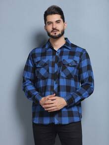 Men's Plus Size Flannel Plaid Shirt, Regular Fit/Long Sleeve/Warm/Casual - 藍色 - 查看 3
