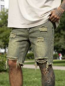 American Retro Distressed Frayed Denim Shorts, Men's Loose Straight LegBermuda Shorts - Yellow - View 2