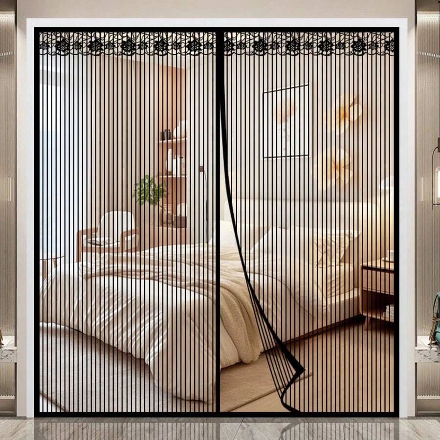 1pc Extra Large Black Striped Mosquito Net Curtain, Breathable Mesh Door Screen, Multi-Scene Use, Magnetic Soft Mesh Door Curtain For Summer Home, No Drilling Required - Black Stripes - View 1