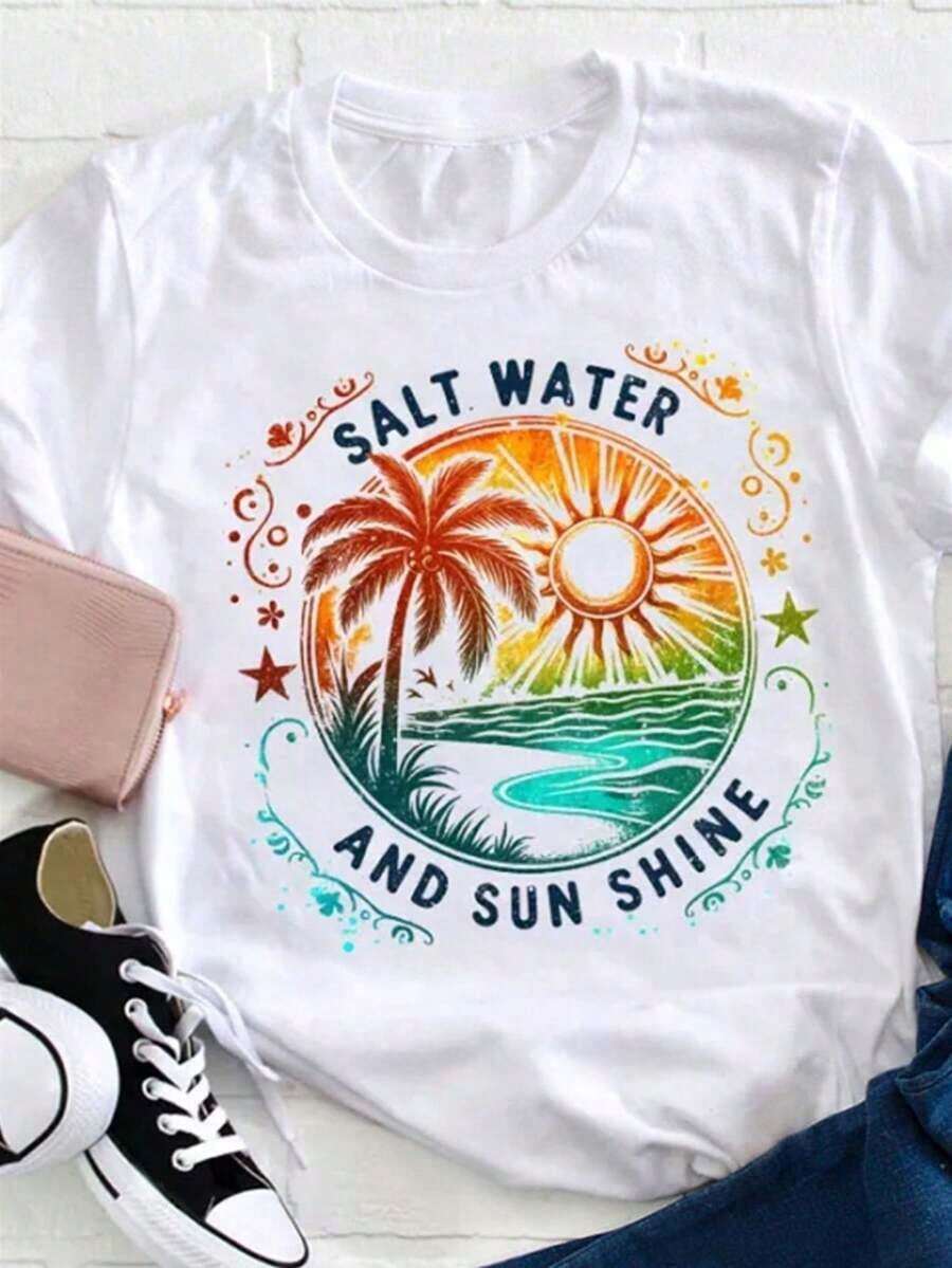 Camisetas manga corta mujer - Camiseta 100% para mujer con estampado gráfico de puesta de sol en playa tropical con palmeras y diseño de AGUA SALADA Y SOL, corte relajado, cuello redondo, manga corta, transpirable, informal de verano, para el Día de la Madre, regalos de agradecimiento a maestros, salidas a la playa y uso casual. - Blanco - Ver 1