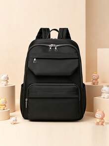 Minimalist Solid Color Versatile Large Capacity Multi-Pocket Backpack, Suitable For School, Travel, Vacation, Back To School Season - Black - View 2