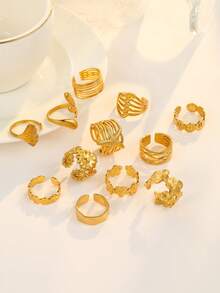 12pcs Stainless Steel Gold-Tone Fashion Open Rings Set, Includes Starfish, Flower, Ginkgo Leaf, Button Designs, With Pink Gift Box, Suitable For Women's Daily Decoration Or Gift - Yellow Gold - View 5