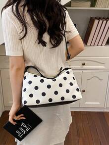 1pc Black PU Smooth Zipper Metal Lock Polka Dot Fashion Versatile Casual Minimalist Spring/Summer New Niche Handbag, Suitable For Women's Daily Use - Black - View 10
