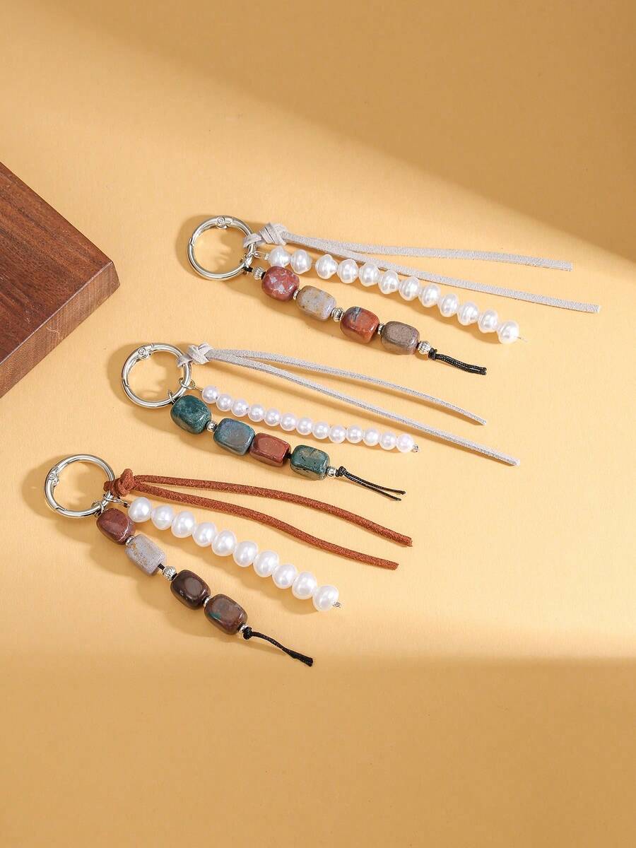 1pc Bohemian Style Faux Pearl & Natural Stone Beaded Keychain With Tassel, Bag Charm, Key Ring For Women Men , Handmade Boho Key Accessory For Purse/Car Keys - Multicolor - View 1
