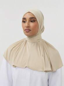 1pc Hijab Cap, Women's Middle Eastern Arabic Dubai Turkish Muslim Solid Color Classic Minimalist Casual Elegant Modest Modal Silk Cotton Blend Soft Breathable Comfortable Long Brim 2-In-1 Hijab Turban Jersey Hijab, Suitable For Daily Life, Festivals, Gatherings, Worship,Holiday,Travel Essential - Apricot - View 3