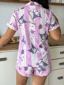 Bộ đồ ngủ 2 món Sanrio dành cho nữ, gồm áo ngắn tay cổ chữ V in họa tiết Kuromi và quần ống rộng thắt nơ; bộ đồ ngủ mùa hè. - Màu tím hoa cà - Xem 2