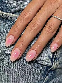 24pcs Short Oval Ombre Pink French Manicure False Nails, Glossy Full Coverage Suitable For Women & Girls Daily Wear - Baby Pink - View 1