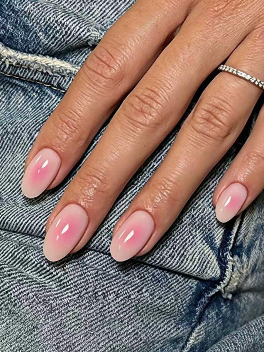 24pcs Short Oval Ombre Pink French Manicure False Nails, Glossy Full Coverage Suitable For Women & Girls Daily Wear - Baby Pink - View 1