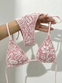 Women's Asymmetric Striped Tie-Side Bikini Set, Fashion Summer Vacation Beach Pink - Pink - View 7