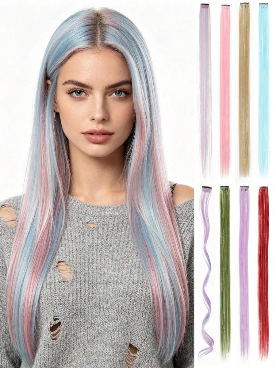 24 Inch Single Piece Colorful Sequin Hair Extension, Suitable For Long Straight Hair, Party Highlight, Clip-In Hair Extension - Multicolor - View 1
