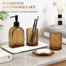 Reeded Glass Tumbler Set Of 4 - 330ml &400ml Amber Bathroom Accessories, Vertical Ribbed Design For Modern Home Decor, Minimalist Countertop Storage - 400ml - View 9