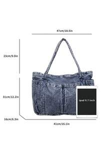 1 chiếc túi tote nữ kiểu dáng thường ngày, đeo một bên vai, chất liệu denim canvas, dung tích lớn, màu trơn, thiết kế nhiều ngăn, thời trang và đa năng, thích hợp cho các hoạt động ngoài trời, mua sắm, đi làm. - Xanh đậm - Xem 12