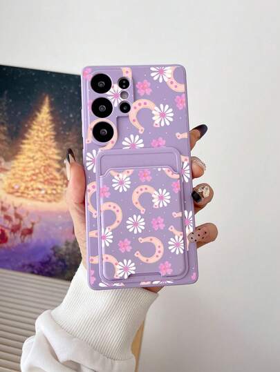 1pc Purple TPU Soft Floral & Horseshoe Pattern Minimalist Protective Phone Case And 1pc Purple Floral & Horseshoe Pattern Adhesive Card Holder 2-In-1 Fashionable Personalized Phone Case, Suitable As Birthday/Holiday/Anniversary Gift For Girlfriend/Boyfriend, Best Friend, Spouse, Family, Coworker, Compatible With Android Smartphones