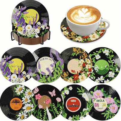 Bộ 8 đế lót ly tranh đính kim cương, kim cương tròn lấp lánh, bộ dụng cụ đầy đủ, đồ thủ công tự làm, giảm căng thẳng, món quà tuyệt vời cho Tết Nguyên đán, Giáng sinh, Ngày Nhà giáo, quà tân gia thiết thực cho gia đình và bạn bè.