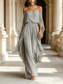 Women's Summer Gray Chiffon Off Shoulder Spaghetti Strap Asymmetrical Crop Top And High Waist Wide Leg Pants Two Piece Set Casual Flowy Outfit For Beach Vacation Date Night Party - 灰色 - 查看 2