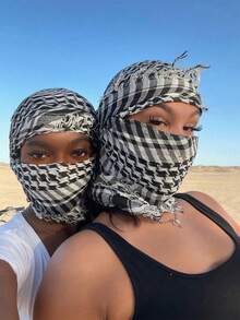 Desert Plaid Tactical Square Scarf Arabic Tassel Keffiyeh Headscarf - Black and White - View 1