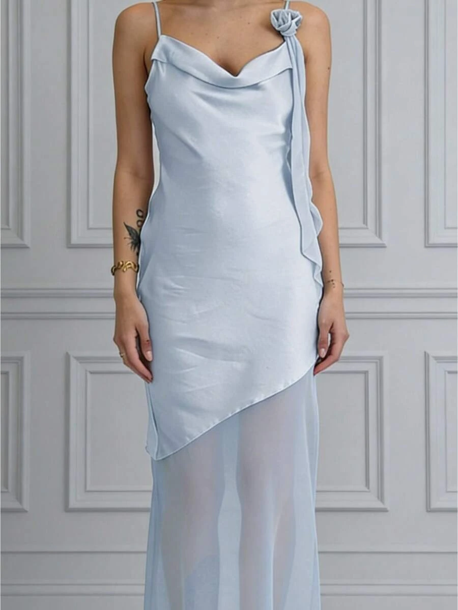 Women's Vacation Satin Rose Tie Draped Cowl Neck Maxi Dress, Slim Fit Multiple Colors Spring Summer Wear, Hand Wash Recommended, Perfect For Date Night, Dinner Party, Vacation Outfit - 藍色 - 查看 1