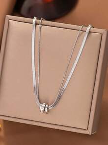 1pc Stainless Steel Round Cubic Zirconia Inlaid Double Layer Pendant Necklace, Suitable For Daily Wear - 銀色 - 查看 3