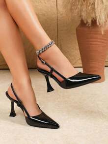 Women's Adjustable One-High Heels, 9CM Pointed Toe Elegant High Heel Shoes, Black Mirror PU Material, Suitable Daily Wear/Party,Elegant,Women Pumps,Elegant - Black 2 - View 3