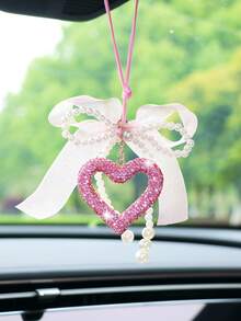 Colgante de espejo retrovisor de coche con lazo de cinta de gasa, corazón de strass - Amar - Ver 13