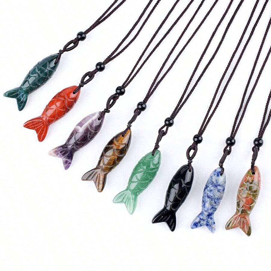 1 chiếc mặt dây chuyền hình cá bằng đá tự nhiên dành cho nữ, đá thạch anh tím, đá thạch anh hồng, đá jasper, dây chuyền điều chỉnh được dành cho nam. - Dây chuyền mặt dây hình cá - Xem 1