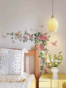 1pc Pink Rose Floral Bird Vine Border Wall Decal Sticker, Removable Bedroom Living Room Wall Decoration - 1PC - View 5