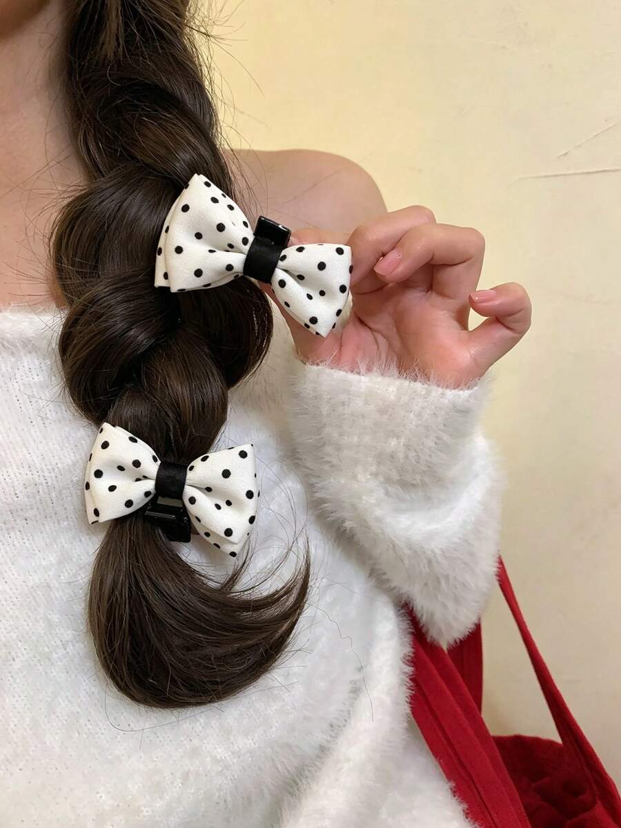 2入女款白色可愛圓點蝴蝶結髮夾,高頂公主風編髮圓點布藝蝴蝶結髮夾,側瀏海夾,半紮髮飾 - 白色 - 查看 1