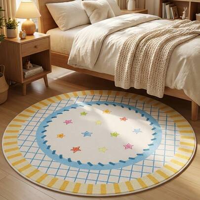 1pc Macaron Color Star Round Velvet Decorative Carpet, Atmosphere Doormat, Decorative Carpet, Comfortable Underfoot, Skin-Friendly Material, Anti-Slip And Easy To Clean, Suitable For Living Room, Bedroom, Study And Other Decorations, Soft Skin-Friendly Material, Applicable To Various Scenarios And Daily Use, Bedroom Carpet, Study Carpet