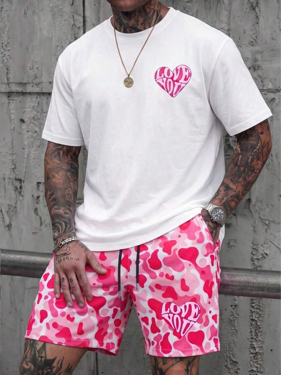 Conjunto casual de 2 piezas de FRACTYR: Camiseta de manga corta blanca con estampado de corazón "TE AMO" + Pantalones cortos con cordón y estampado de vaca rosa, cómodo y transpirable, adecuado para el verano - Blanco - Ver 1