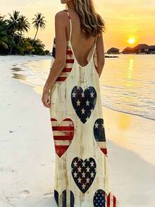 American Flag Heart Print Backless Maxi Dress For Women Beach Vacation Summer Outfit Patriotic Holiday Wear Suitable For Casual And Sports Activities - 白色 - 查看 1