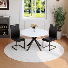 Dining Room Set With Round Marble Dining Table & Dining Chairs, Modern Kitchen Set Made Of Faux Leather & Cantilever Metal Frame For Dining Room & Kitchen - Black - View 3