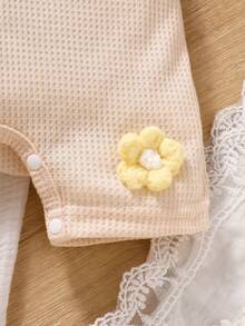 Pelele de verano para niñas, de tela de gofre, suave y amigable con la piel, con decoración floral 3D, mono sin mangas apto para bebés de 0 a 2 años - Albaricoque - Ver 7