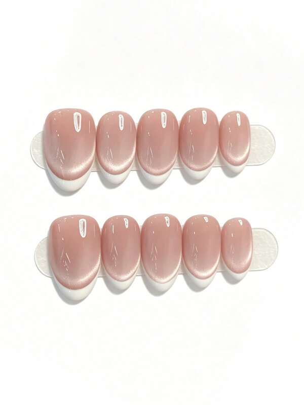 10pcs Handmade Short Almond-Shaped Pink Nail Stickers, Delicate Fairy-Like Pink Cat Eye White French Tip Minimalist Design, Suitable For Women And Girls For Spring, Summer, Autumn, Winter, Holidays, Parties, And Daily Use Nails