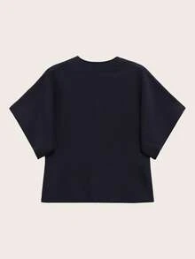 简约针织纯色V领短袖开衫，优雅 - 藏蓝色 - 查看 2