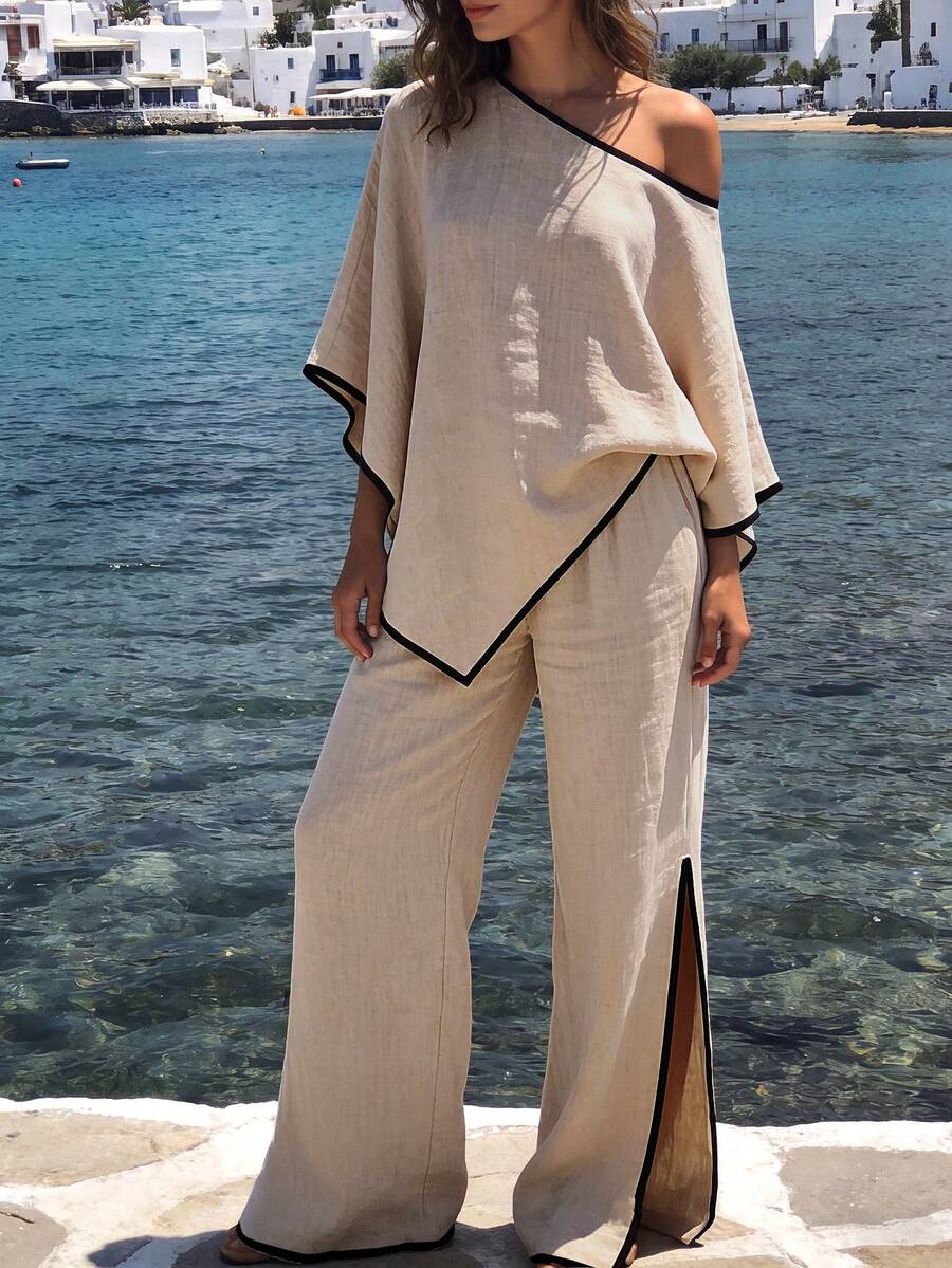 UrbanChic. Contrast Trim Asymmetric Oblique Neck Top Spring/Summer Casual Vacation Loose Slimming Long Pants Set - Khaki - View 1