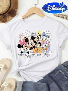 Disney Mickey Mouse Happy Party T-Shirt, Women's T-Shirt, New Summer Top, Machine Washable, 100% Cotton, Casual And Fashionable Summer Top With Round Neck And Short Sleeves, Wild Cartoon Sweatshirt, Outdoor Daily Leisure Wear. - White - View 1